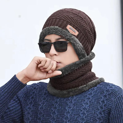 Winter Wool Cap with Neck Warmer Set | Thermal Beanie & Scarf Combo for Men and Women | Brown And Gray